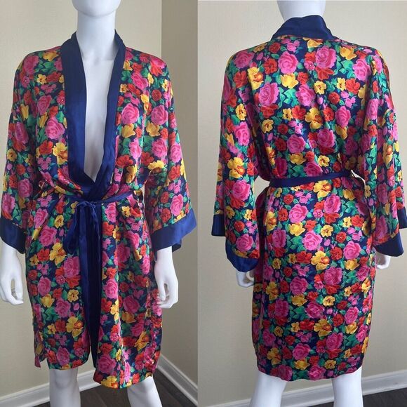 Vintage Victoria's Secret Gold Label Women Floral Satin Short Robe Sleepwear 90s - Picture 3 of 17